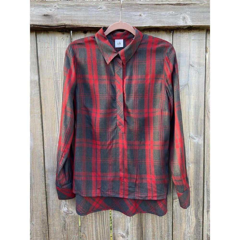 Cabi Cunningham Red Gray Plaid Boyfriend Peplum Shirt Sz M 3587